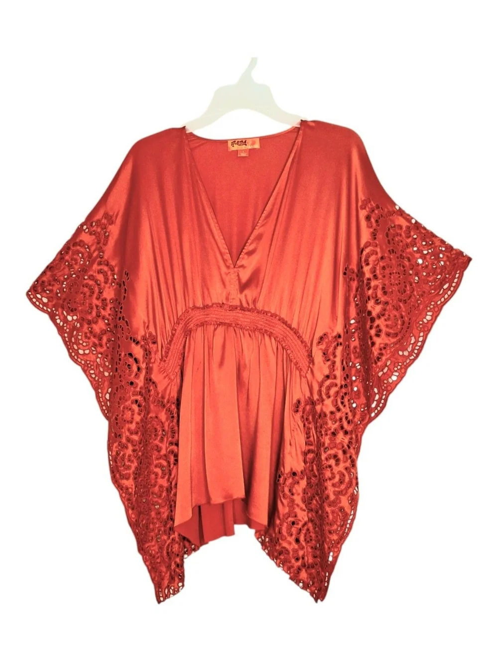 Hale Bob Cabana Stretch Silk Swim Cover-up Tunic Top Sz Lg Red Eyelet Lace Trim - Picture 1 of 8
